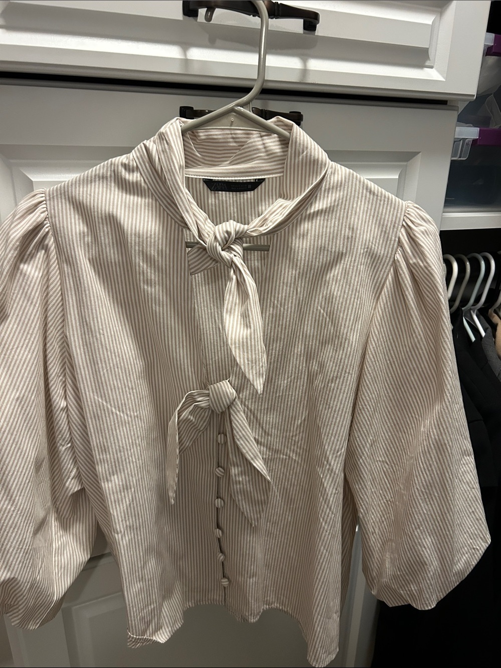 Zara Cream Striped Tie-Neck Blouse